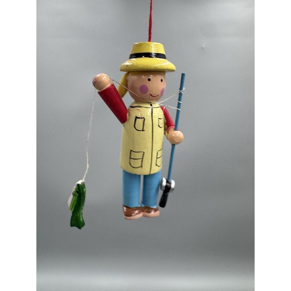 Christmas Ornament Wooden Fisherwoman Woman Fishing Holding Fish & Rod‎ 3”
